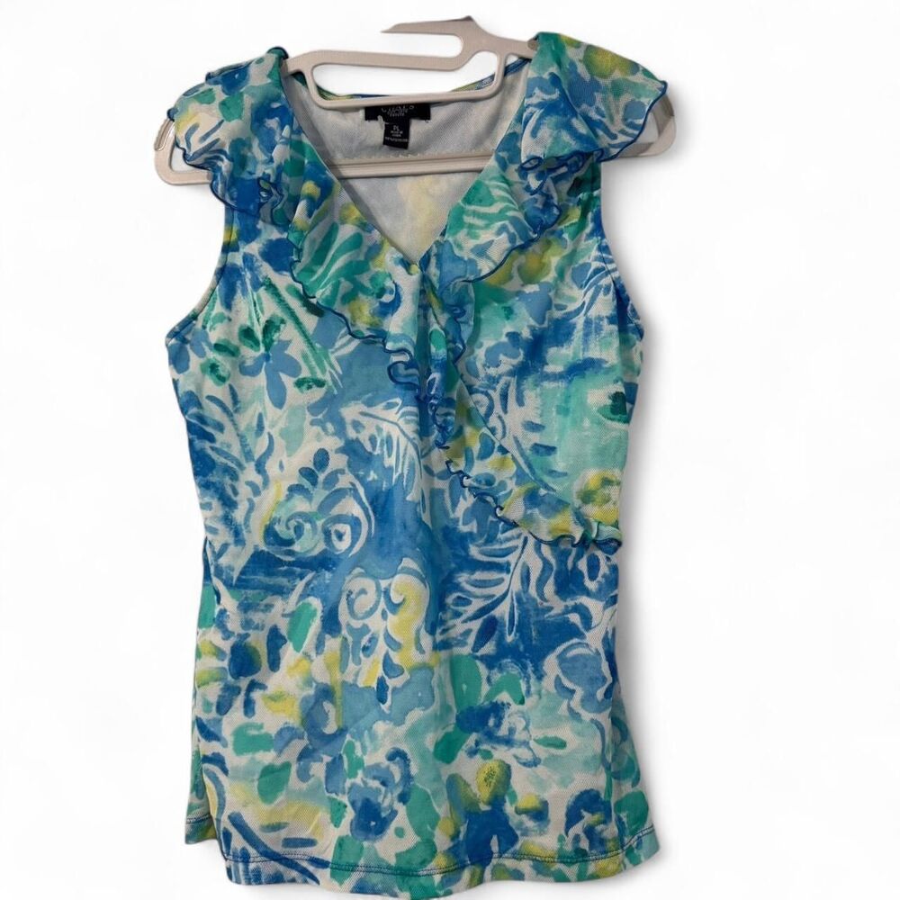 Y2K Chaps Baby Doll Style Blue & Green floral tie dye sleeveless top | Size PL - Picture 3 of 9